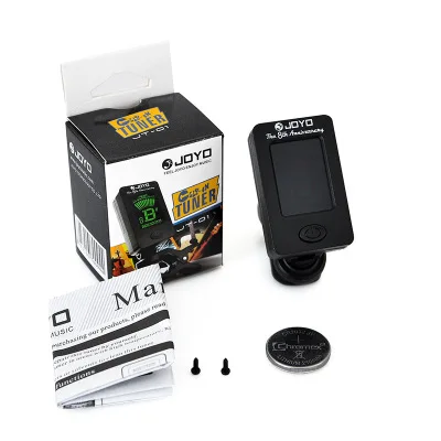 clip-on chromatic digital tuner with LCD display for guitar, bass, ukulele, violin, and other string instruments.
